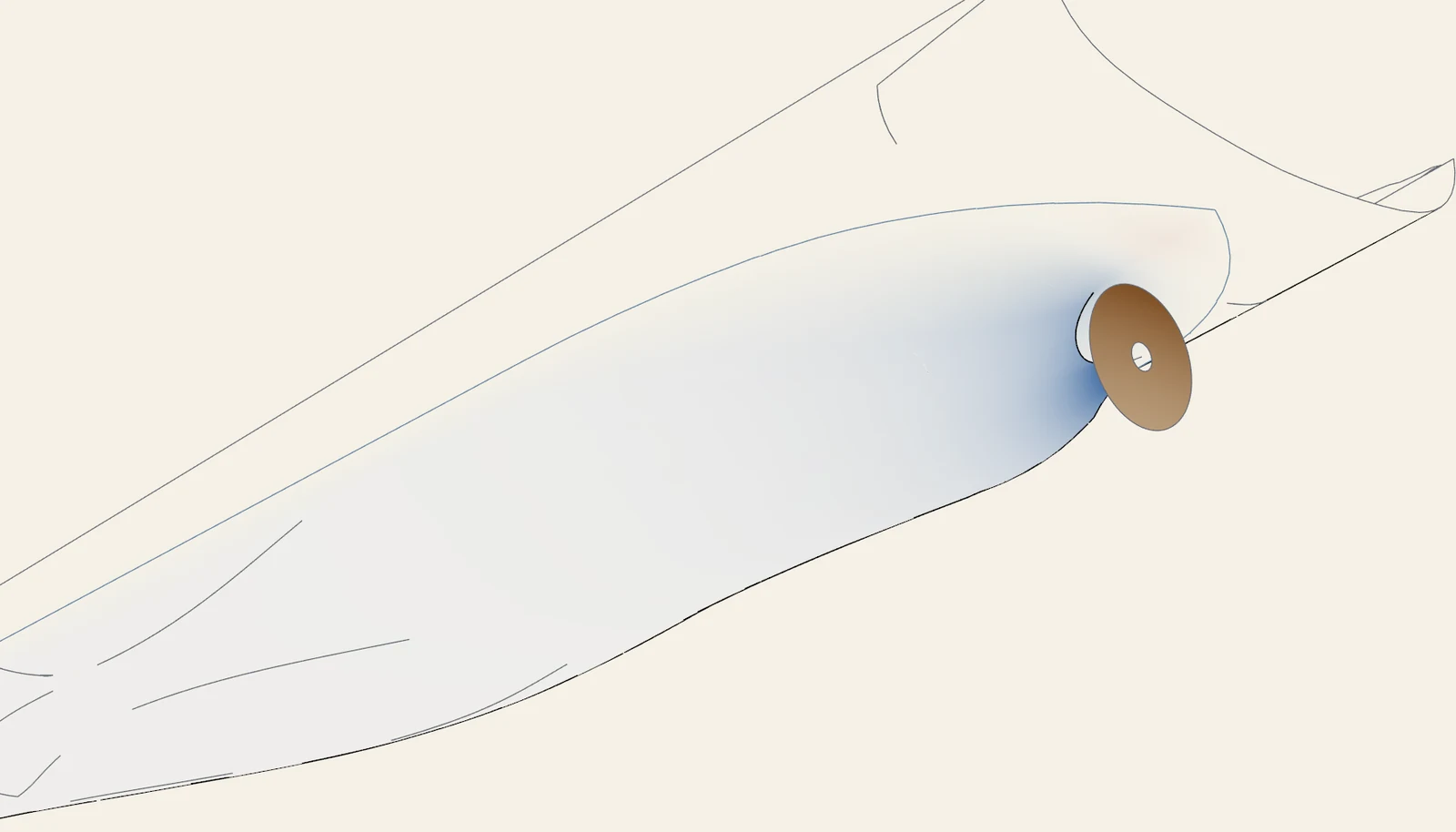 The stern of the KCS seen from below, with the recommended propeller as a disk behind it; the hull ahead of the disk is coloured blue by the suction the propeller draws on it