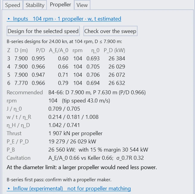 The Propeller tab of the QuickWake results: one B-series design per blade count for the KCS at 24 knots, and the recommended four-bladed propeller with its powers and cavitation check